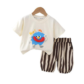 My Little Family - Cartoon T-shirt and Striped Shorts Set - Beige / 9-12m