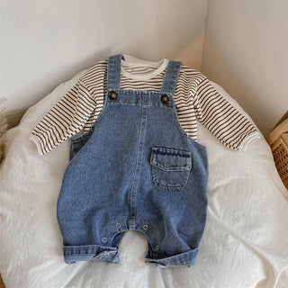 My Little Family - Spring And Autumn Newborn Baby Boys Suspender Simple Trousers Solid Adjustable Denim Korean Cute Fashion Soft Casual -