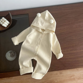 My Little Family - Knitted hooded romper - White with legs / 3-6m