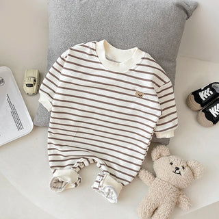 My Little Family - Striped Teddy Onesie - Beige / 3-6m