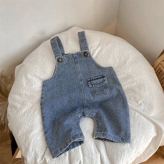 My Little Family - Spring And Autumn Newborn Baby Boys Suspender Simple Trousers Solid Adjustable Denim Korean Cute Fashion Soft Casual - Blue / 66