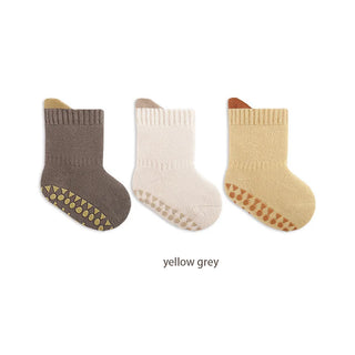 My Little Family - 3 pairs of anti-slip socks - Yellow & grey / 0-6m