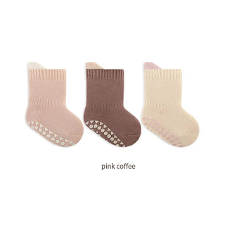 My Little Family - 3 pairs of anti-slip socks - Pink & coffee / 0-6m