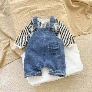 My Little Family - Spring And Autumn Newborn Baby Boys Suspender Simple Trousers Solid Adjustable Denim Korean Cute Fashion Soft Casual -