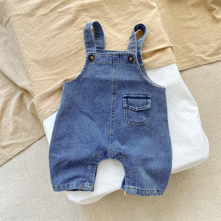 My Little Family - Spring And Autumn Newborn Baby Boys Suspender Simple Trousers Solid Adjustable Denim Korean Cute Fashion Soft Casual -