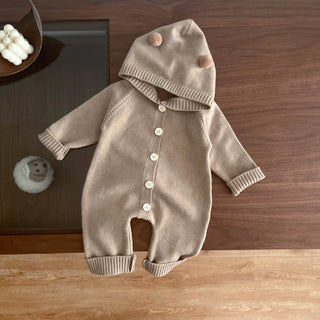 My Little Family - Knitted hooded romper - Brown with legs / 3-6m